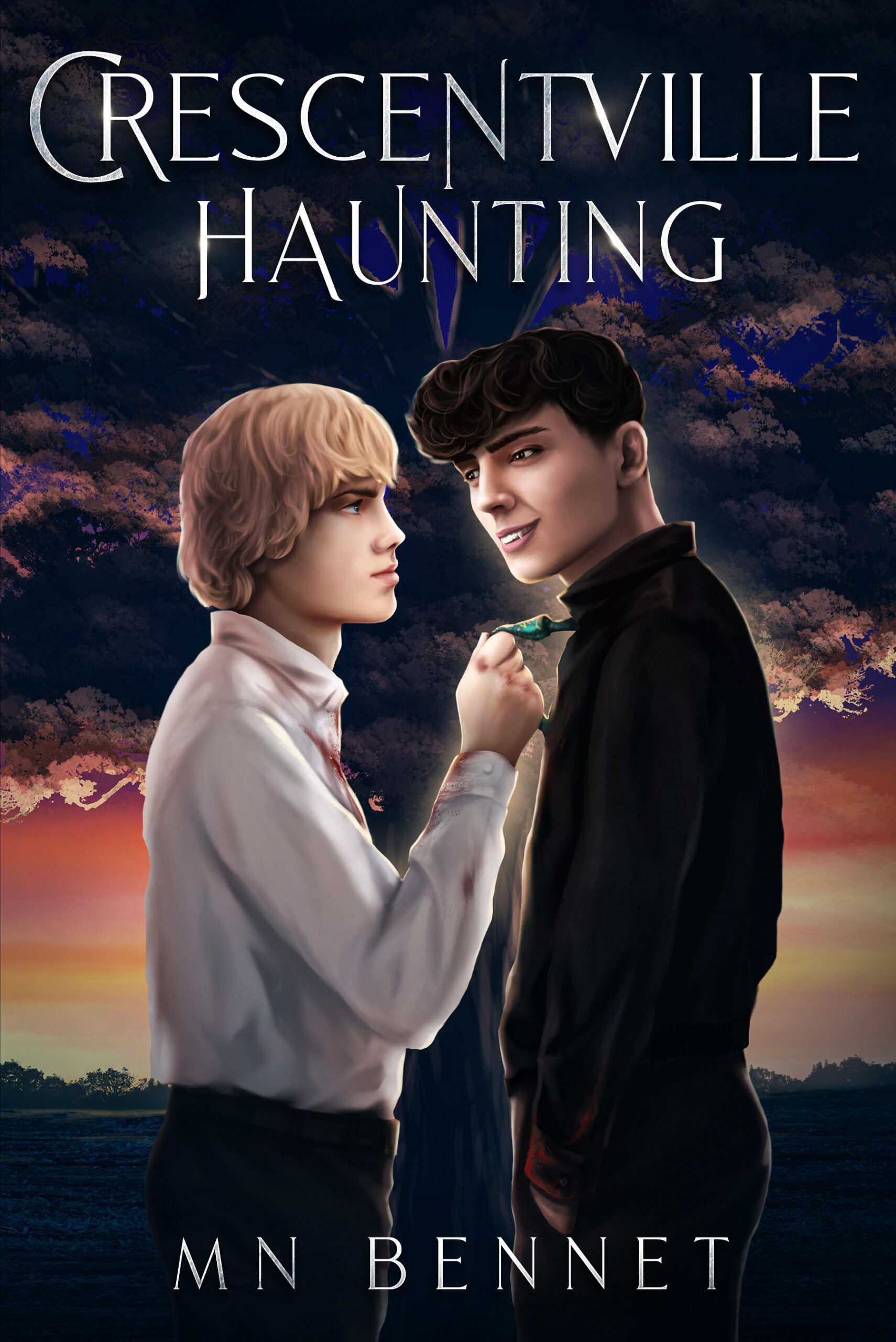 Book cover for Crescentville Haunting. Title in white letters across dark, haunting sky. Two young, cartoon males facing each other. Pale, light haired on in white shirt holding the other black-haired one's black shirt in his hands. The black haired one, while face his body toward the other boy is glancing toward the camera/audience.
