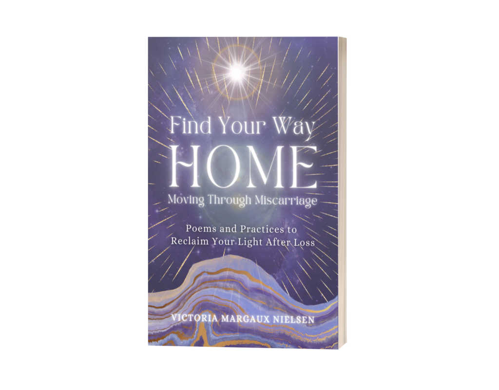 Book cover of "Find Your Way Home: Moving Through Miscarriage" by Victoria Margaux Nielsen. It is a blue background with stars and waves along with the title and authors name in white font.