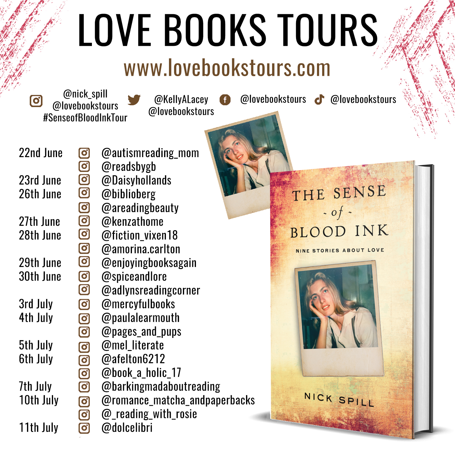 A Love Books Tours graphic showing the tour dates for the Sense of Blood Ink Tour.